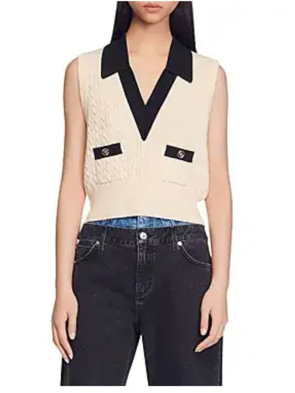 NWT Sandro Cable Knit V-Neck Sweater Vest in Cream and Black